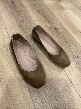 Chloe Scalloped Suede Ballet Flats - Brown